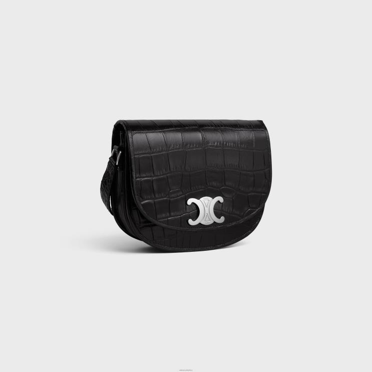 CELINE Black Medium Besace Triomphe in Crocodile Embossed Calfskin R0ZNN2106