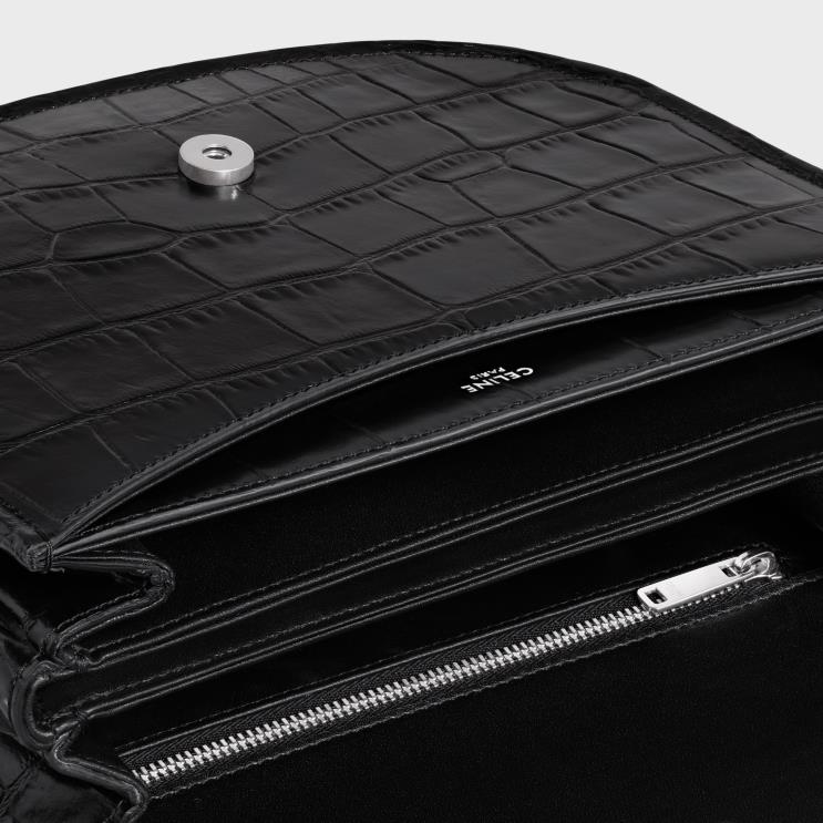 CELINE Black Medium Besace Triomphe in Crocodile Embossed Calfskin R0ZNN2106