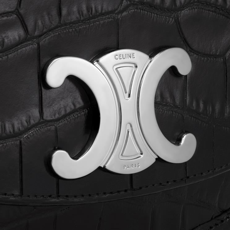 CELINE Black Medium Besace Triomphe in Crocodile Embossed Calfskin R0ZNN2106