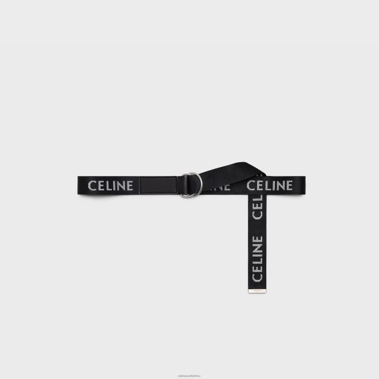 CELINE Black Medium Double Ring Belt in Jacquard Textile & Calfskin R0ZNN2195