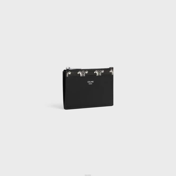 CELINE Black/White Zipped Card Holder in Triomphe Canvas Two-Tone & Calfskin R0ZNN2120