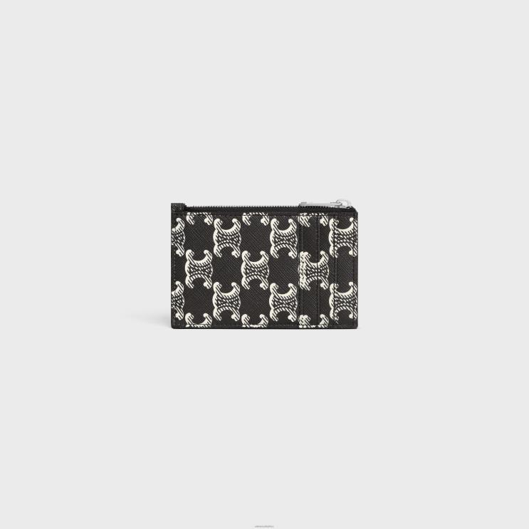 CELINE Black/White Zipped Card Holder in Triomphe Canvas Two-Tone & Calfskin R0ZNN2120