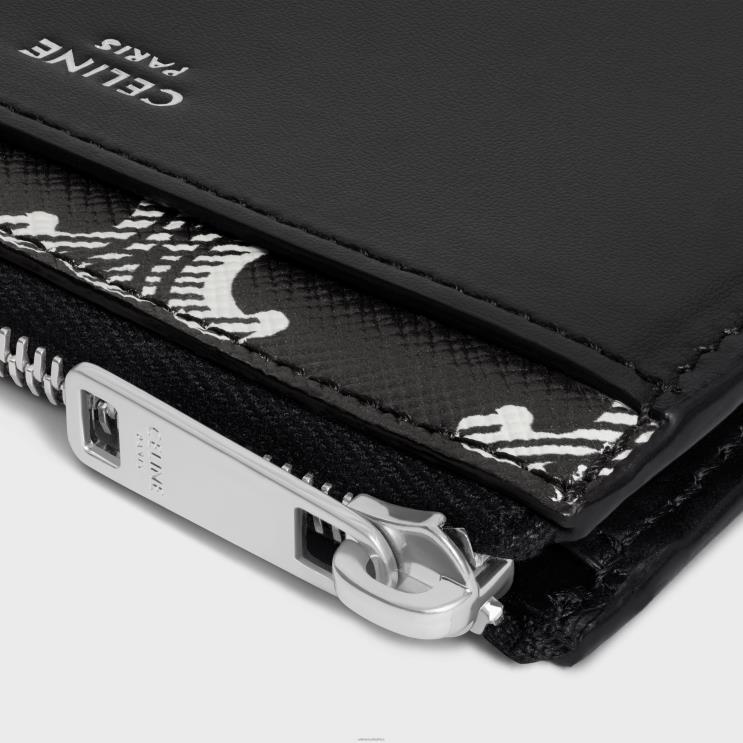 CELINE Black/White Zipped Card Holder in Triomphe Canvas Two-Tone & Calfskin R0ZNN2120