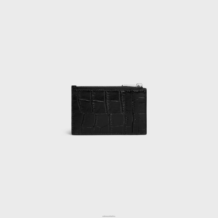 CELINE Black Zipped Card Holder in Crocodile Embossed Calfskin R0ZNN2153