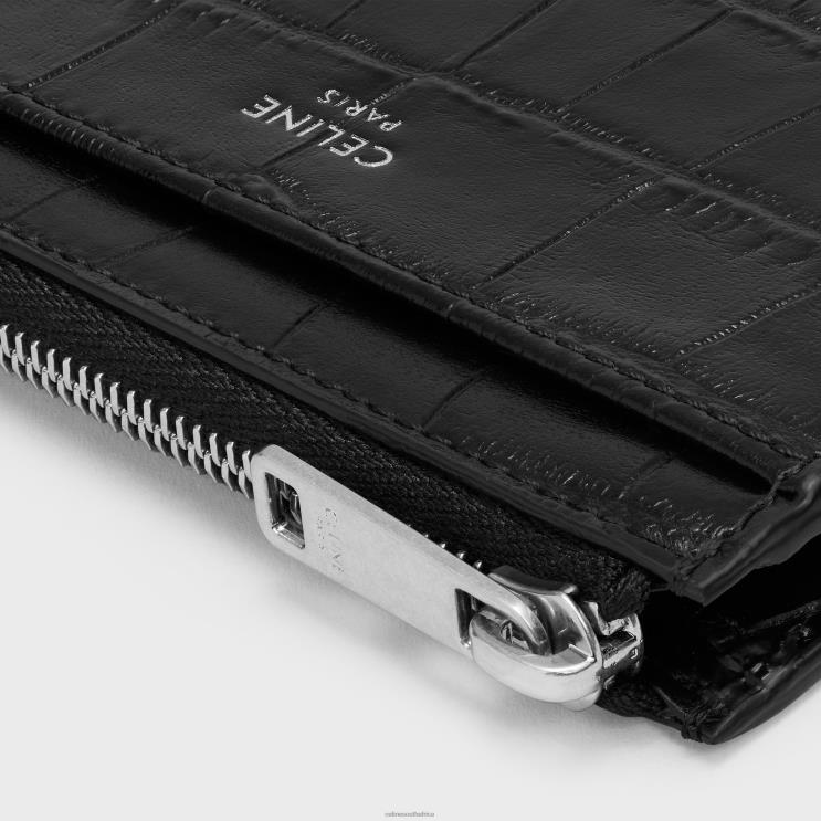CELINE Black Zipped Card Holder in Crocodile Embossed Calfskin R0ZNN2153