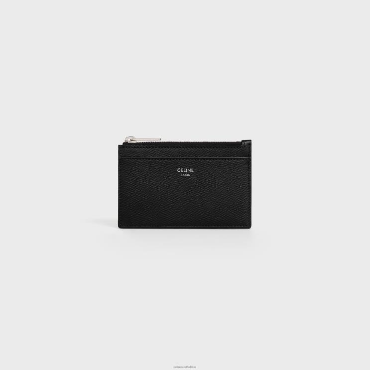 CELINE Black Zipped Card Holder in Grained Calfskin R0ZNN2154