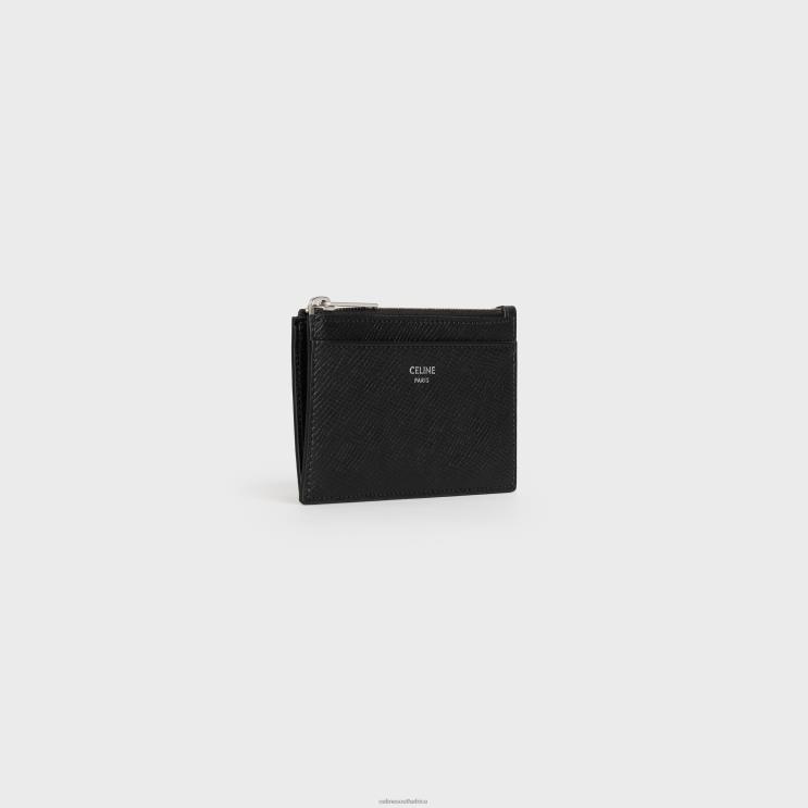 CELINE Black Zipped Card Holder in Grained Calfskin R0ZNN2154
