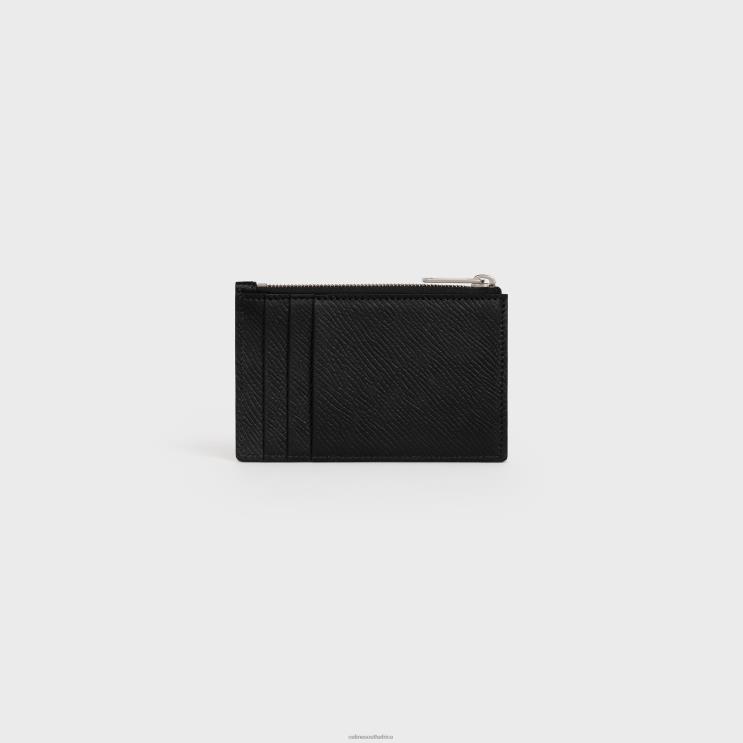 CELINE Black Zipped Card Holder in Grained Calfskin R0ZNN2154