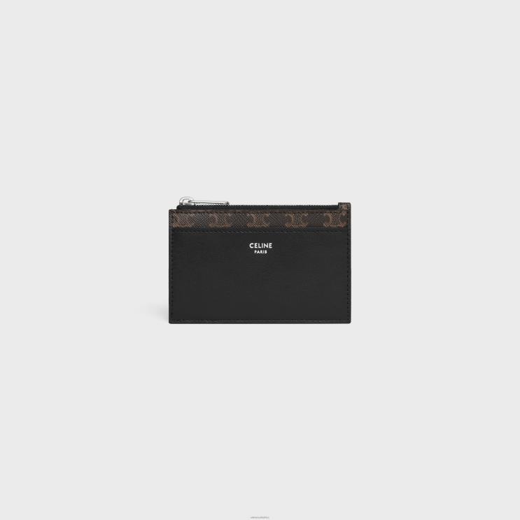CELINE Black Zipped Card Holder in Triomphe Canvas & Lambskin R0ZNN2125