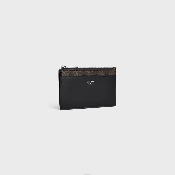 CELINE Black Zipped Card Holder in Triomphe Canvas & Lambskin R0ZNN2125