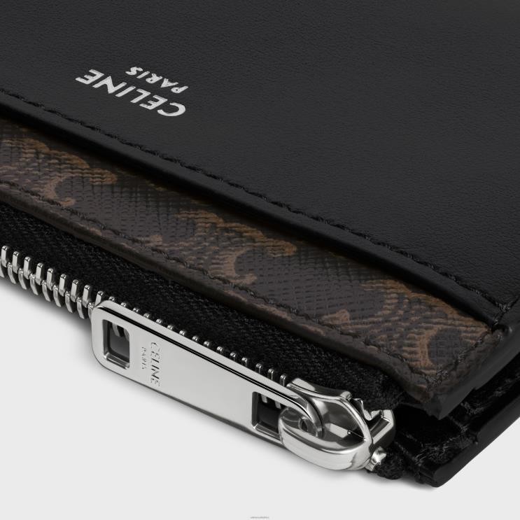 CELINE Black Zipped Card Holder in Triomphe Canvas & Lambskin R0ZNN2125