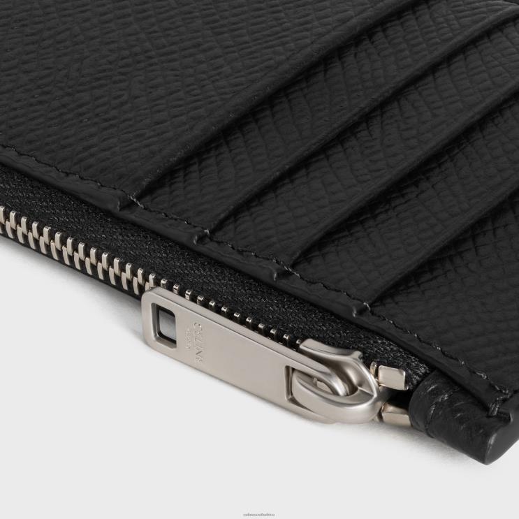 CELINE Black Zipped Compact Card Holder in Grained Calfskin R0ZNN2156