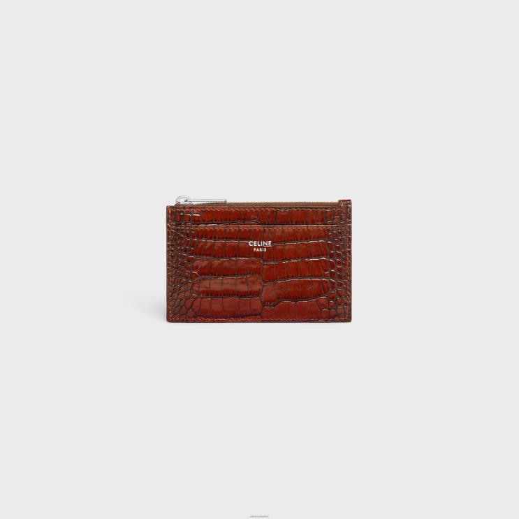 CELINE Brown Zipped Card Holder in Crocodile Embossed Calfskin R0ZNN2155