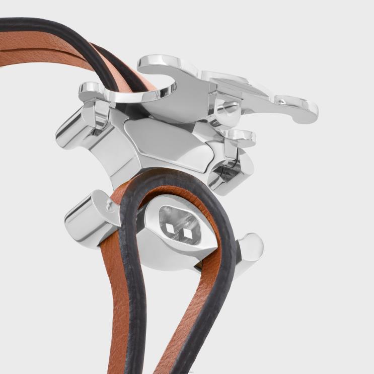 CELINE Tan/Silver Triomphe Clasp Bracelet in Calfskin & Brass With Rhodium Finish R0ZNN2282