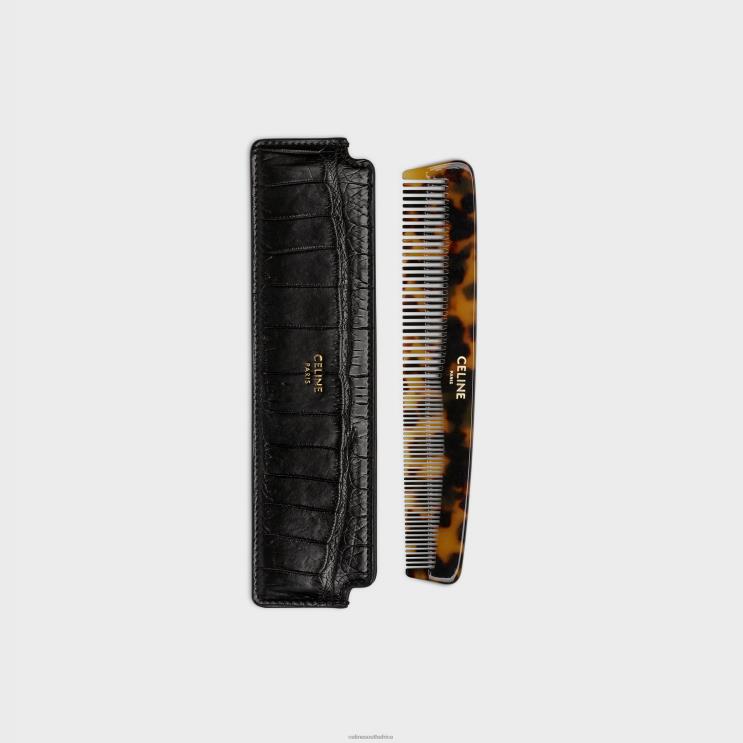 CELINE Black Hair Comb in Crocodile R0ZNN1617