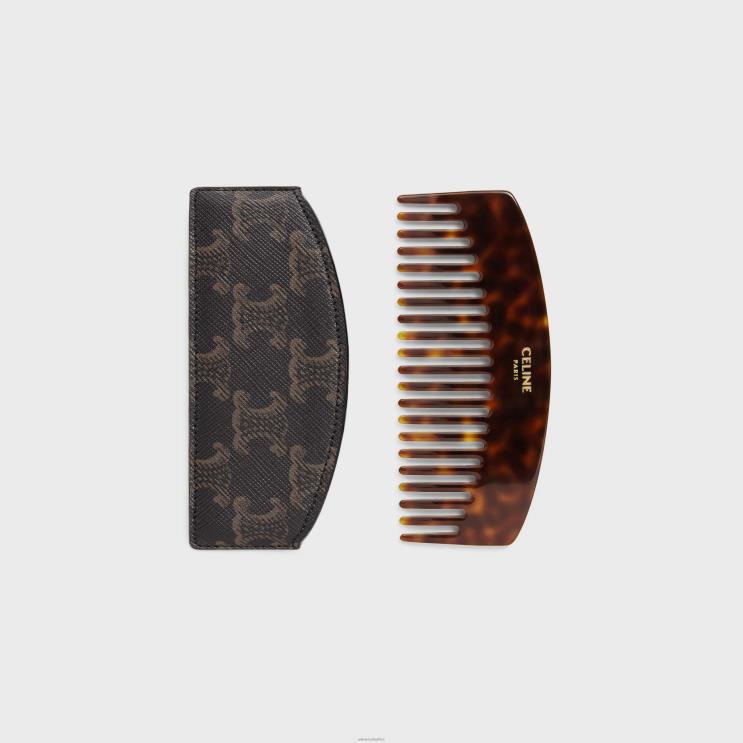 CELINE Black/Tan Curved Hair Comb in Triomphe Canvas R0ZNN1610