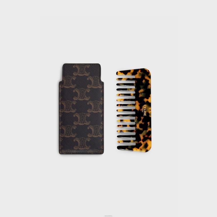CELINE Black/Tan Small Hair Comb in Triomphe Canvas R0ZNN1614