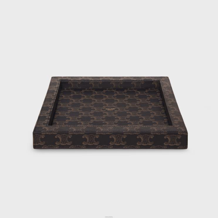 CELINE Black/Tan Squared Tray in Lambskin With Triomphe Canvas Print R0ZNN1540