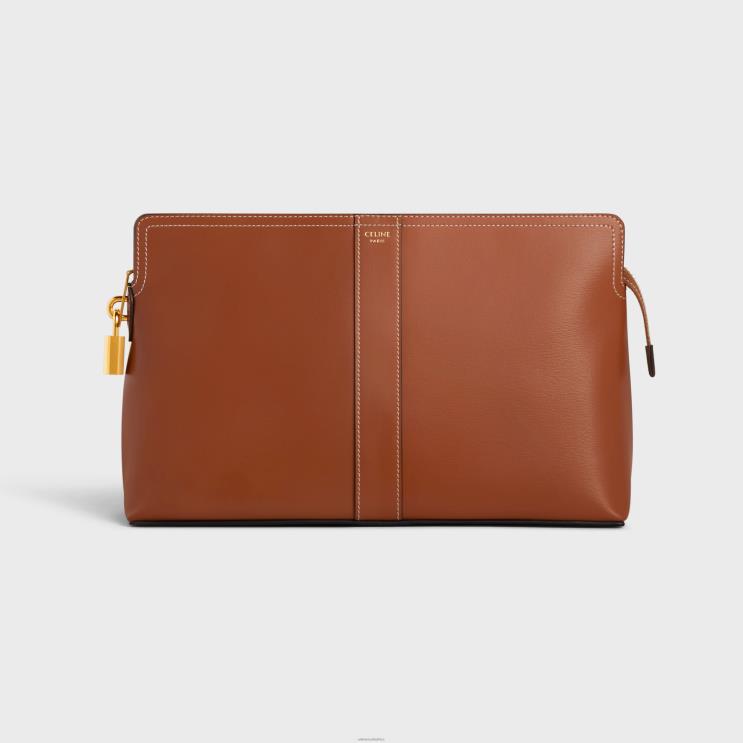 CELINE Tan Lock Toiletry Pouch in Shiny Calfskin R0ZNN1565