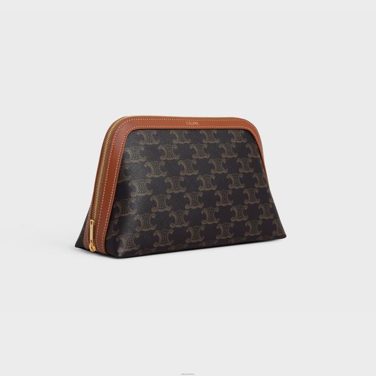 CELINE Tan Medium Cosmetic Pouch in Triomphe Canvas & Calfskin R0ZNN1572