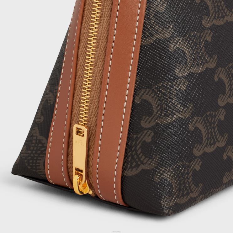 CELINE Tan Medium Cosmetic Pouch in Triomphe Canvas & Calfskin R0ZNN1572