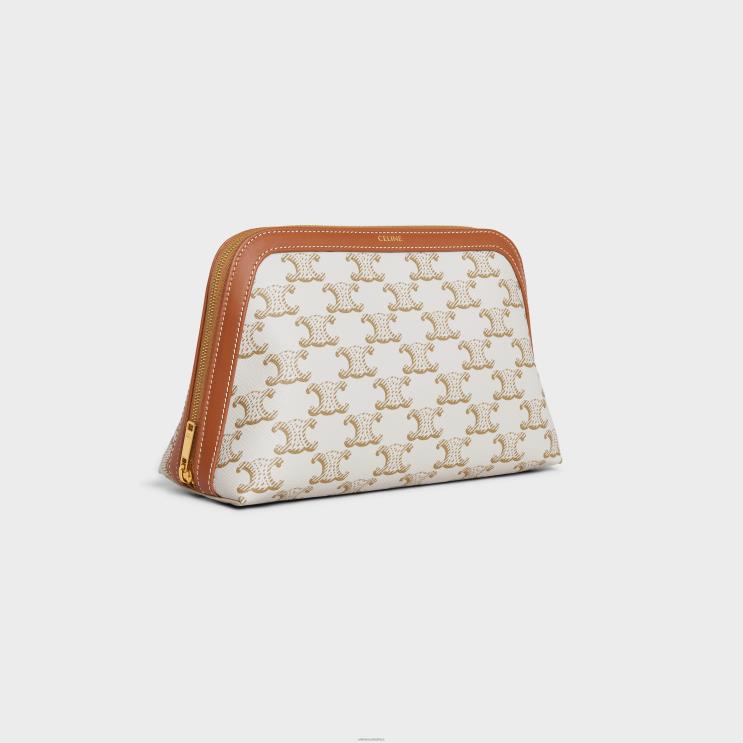 CELINE White Medium Cosmetic Pouch in Triomphe Canvas & Calfskin R0ZNN1575