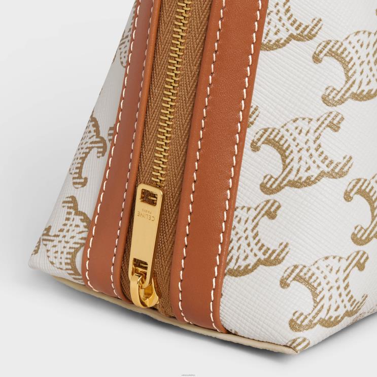CELINE White Medium Cosmetic Pouch in Triomphe Canvas & Calfskin R0ZNN1575