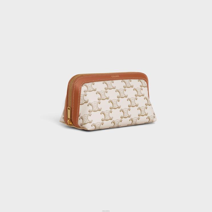 CELINE White Small Cosmetic Pouch in Triomphe Canvas & Calfskin R0ZNN1576