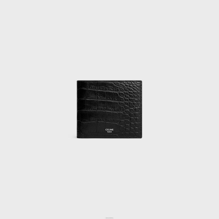 CELINE Black Bi-Fold Wallet With Coin Compartment in Crocodile Embossed Calfskin R0ZNN2164