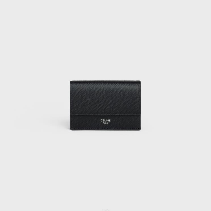 CELINE Black Folded Compact Wallet in Grained Calfskin R0ZNN2167
