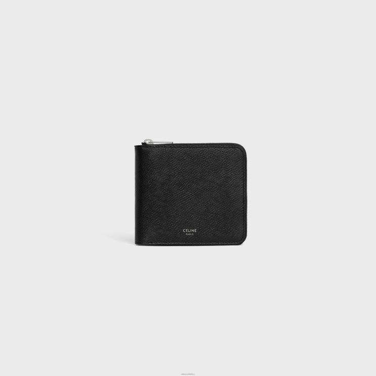 CELINE Black Zipped Bi-Fold Wallet With Coin Compartment in Grained Calfskin R0ZNN2122