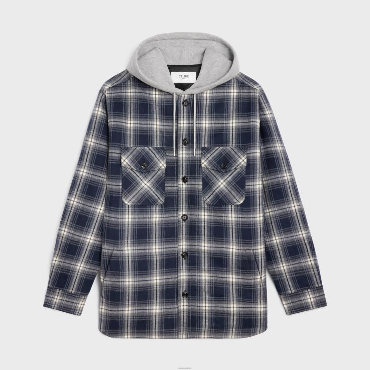 CELINE Navy Hooded Overshirt in Checked Cotton R0ZNN1804
