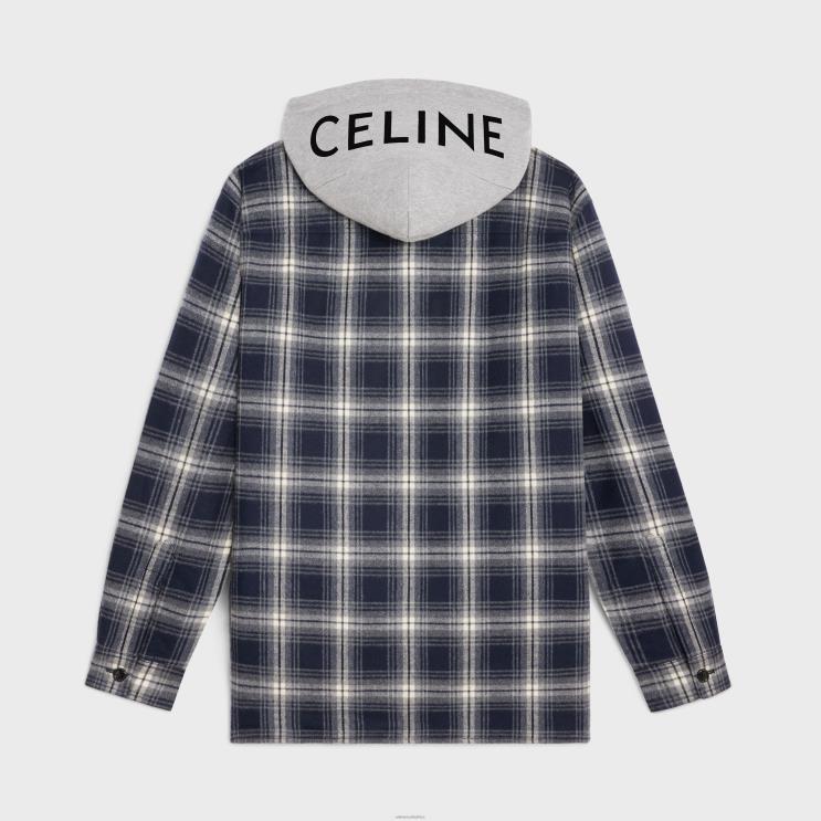 CELINE Navy Hooded Overshirt in Checked Cotton R0ZNN1804