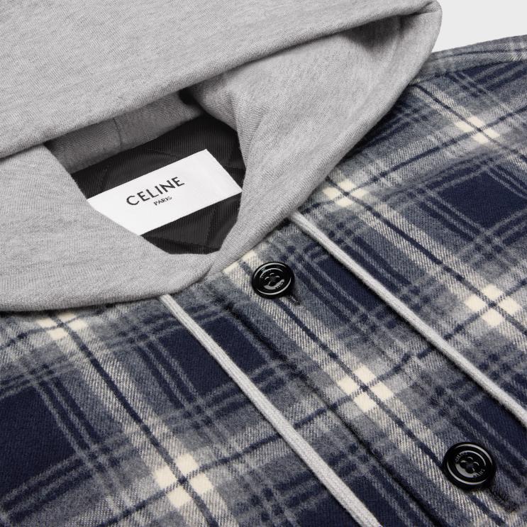 CELINE Navy Hooded Overshirt in Checked Cotton R0ZNN1804