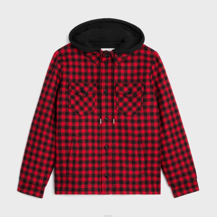 CELINE Rouge/Noir Hooded Overshirt in Checked Wool R0ZNN1845