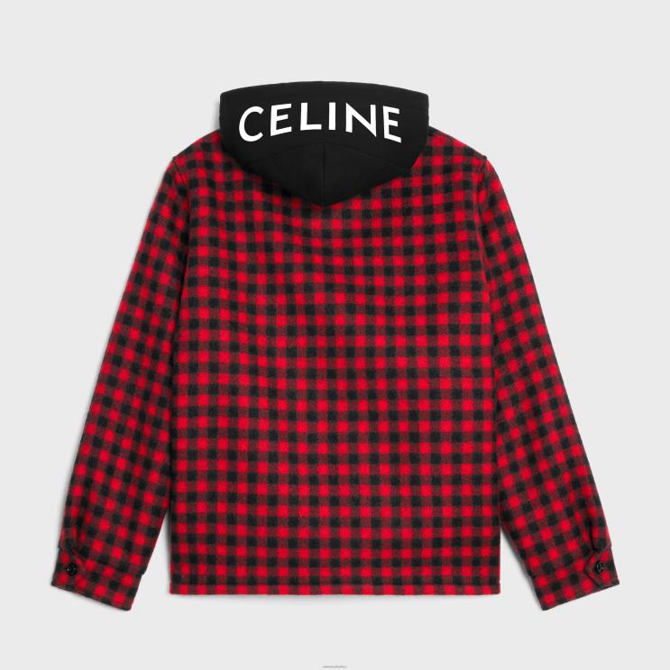 CELINE Rouge/Noir Hooded Overshirt in Checked Wool R0ZNN1845