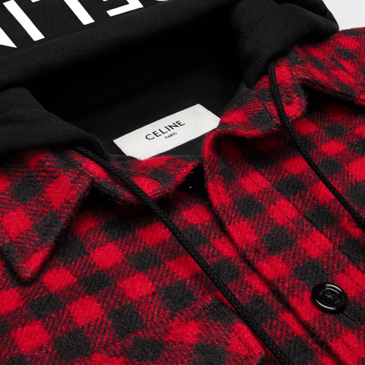 CELINE Rouge/Noir Hooded Overshirt in Checked Wool R0ZNN1845