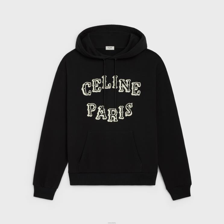 CELINE Black/Off White/Crystal Loose Embroidered Hoodie in Cotton Fleece R0ZNN1940