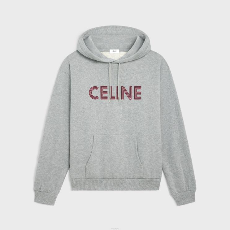 CELINE Grey Melange/Burgundy Loose Hoodie in Cotton Fleece R0ZNN1941