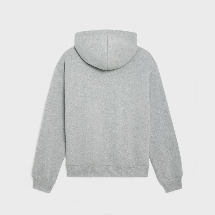 CELINE Grey Melange/Burgundy Loose Hoodie in Cotton Fleece R0ZNN1941