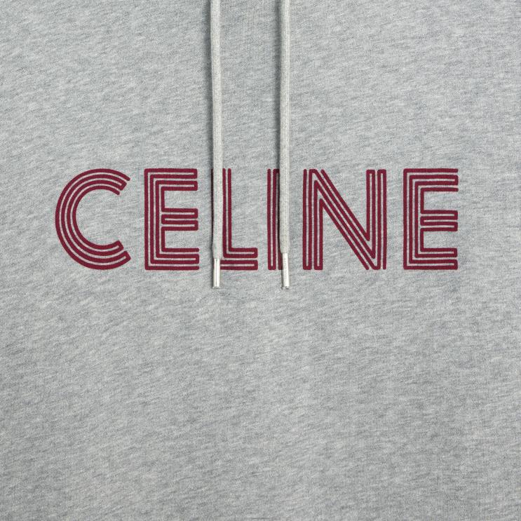 CELINE Grey Melange/Burgundy Loose Hoodie in Cotton Fleece R0ZNN1941