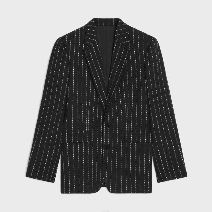 CELINE Black/White Embroidered Classic Jacket in Striped Wool R0ZNN1880