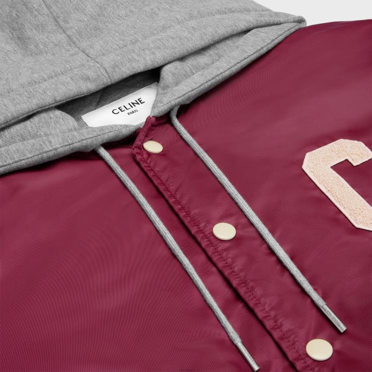CELINE Burgundy Oversized Hooded Teddy Jacket in Nylon R0ZNN1854