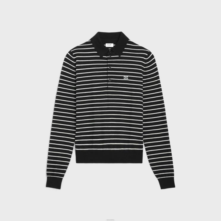 CELINE Black/Ecru Striped Triomphe Polo in Fine Wool R0ZNN1979