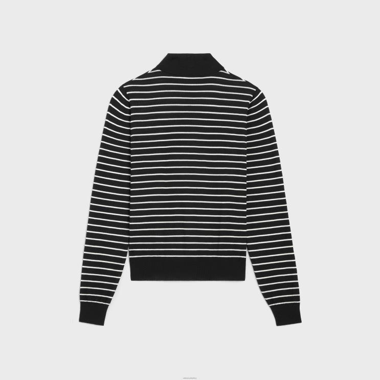 CELINE Black/Ecru Striped Triomphe Polo in Fine Wool R0ZNN1979