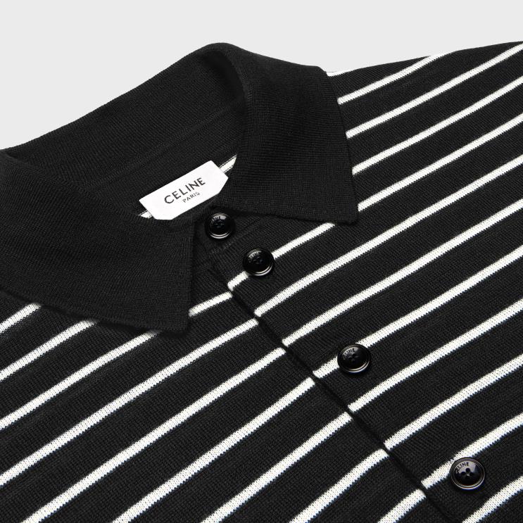 CELINE Black/Ecru Striped Triomphe Polo in Fine Wool R0ZNN1979