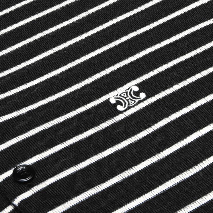 CELINE Black/Ecru Striped Triomphe Polo in Fine Wool R0ZNN1979