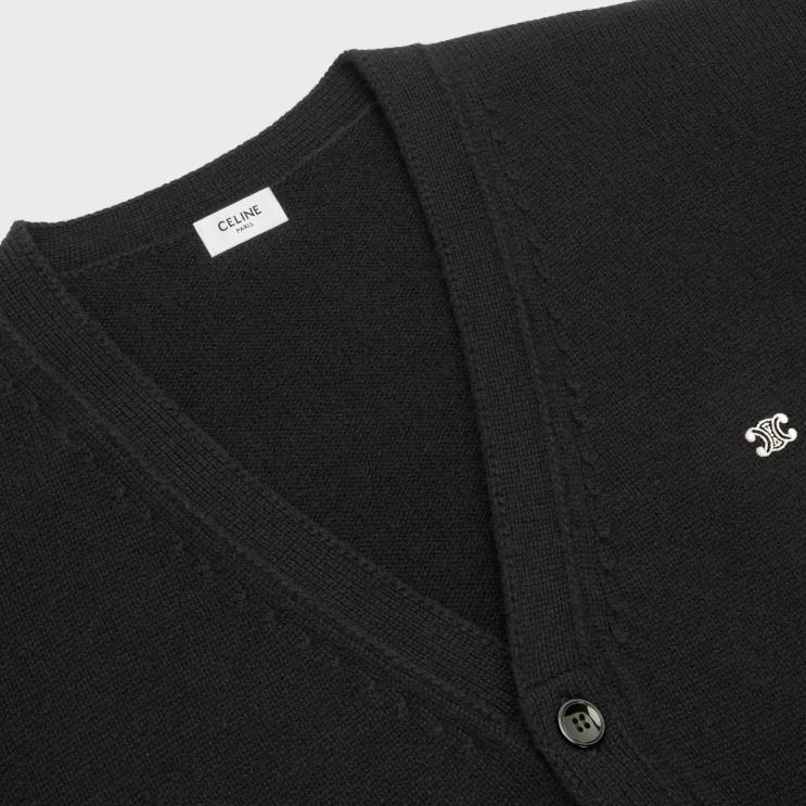 CELINE Black/Off White Triomphe Long Cardigan in Cashmere Wool R0ZNN1983