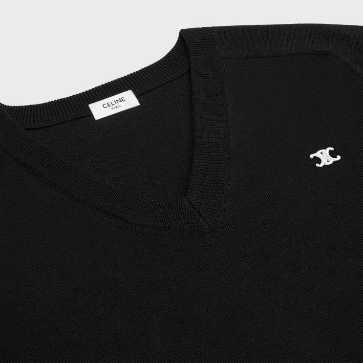CELINE Black Triomphe V-Neck Sweater in Wool R0ZNN1962