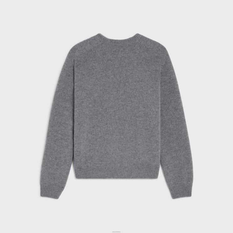 CELINE Grey/Off White Triomphe Crew Neck Sweater in Wool & Cashmere R0ZNN1960